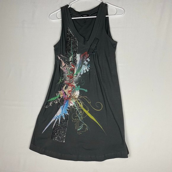 BYBLOS Dark Gray Beaded Tassel Graphic Dress Size 6 Cotton Made in Italy - Picture 1 of 13